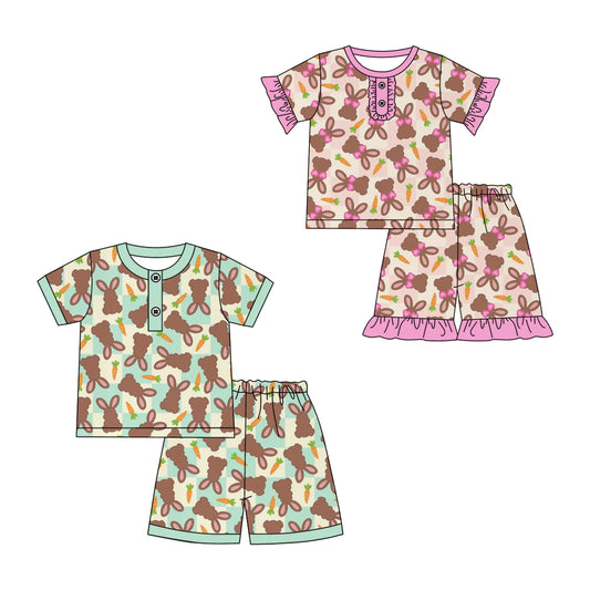 ( Moq 5 Each Style ) Baby Boys Girls Short Sleeves Rabbits Carrots Shirt Shorts Sibling Easter Pajamas Sets