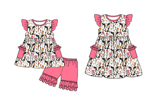 ( Moq 5 Each Style ) Baby Girl Short Sleeves Cow Flower Pockets Sibling Dress Set 3.27