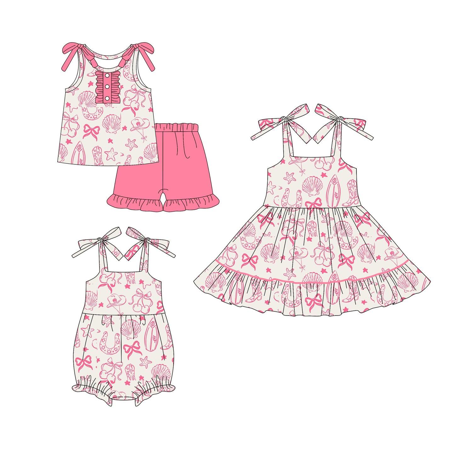 ( Moq 5 Each Style ) Baby Girl Straps Shell Bows Sibling Summer Romper Dress Set 4.21