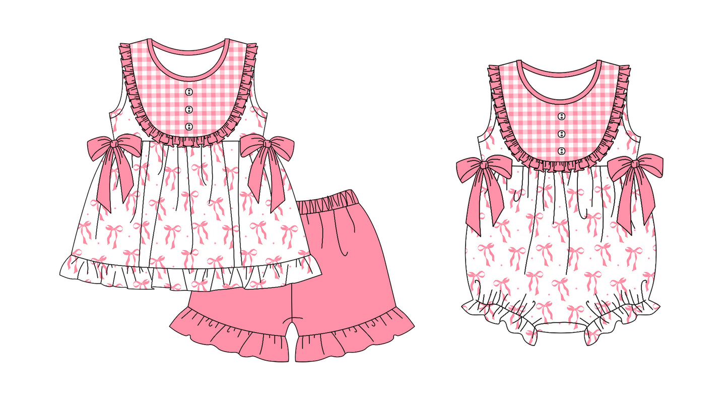 Baby Girl Bows Plaid Sibling Summer Romper Set ( Moq 5 Each Design )