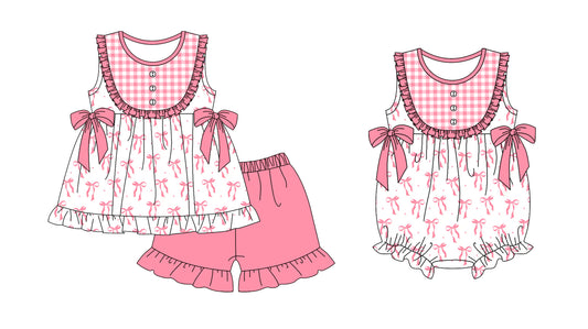 Baby Girl Bows Plaid Sibling Summer Romper Set ( Moq 5 Each Design )