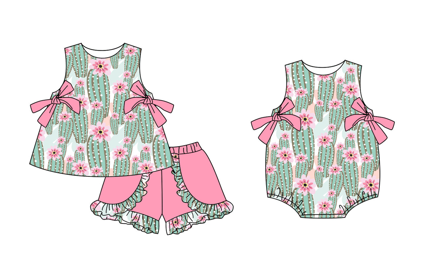 Baby Girl Western Cactus Flower Pink Bows Sibling Romper Set ( Moq 5 Each Style ) 3.3