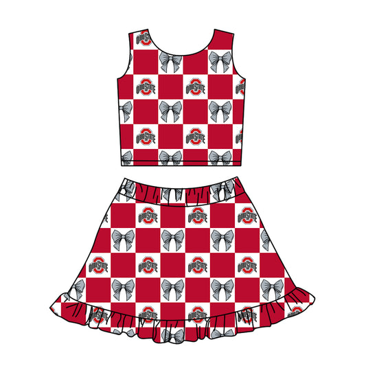 ( Moq 5 ) Baby Girls Kids Toddler Bows Red Checked Tops Shorts Ruffle Skirt Team Set