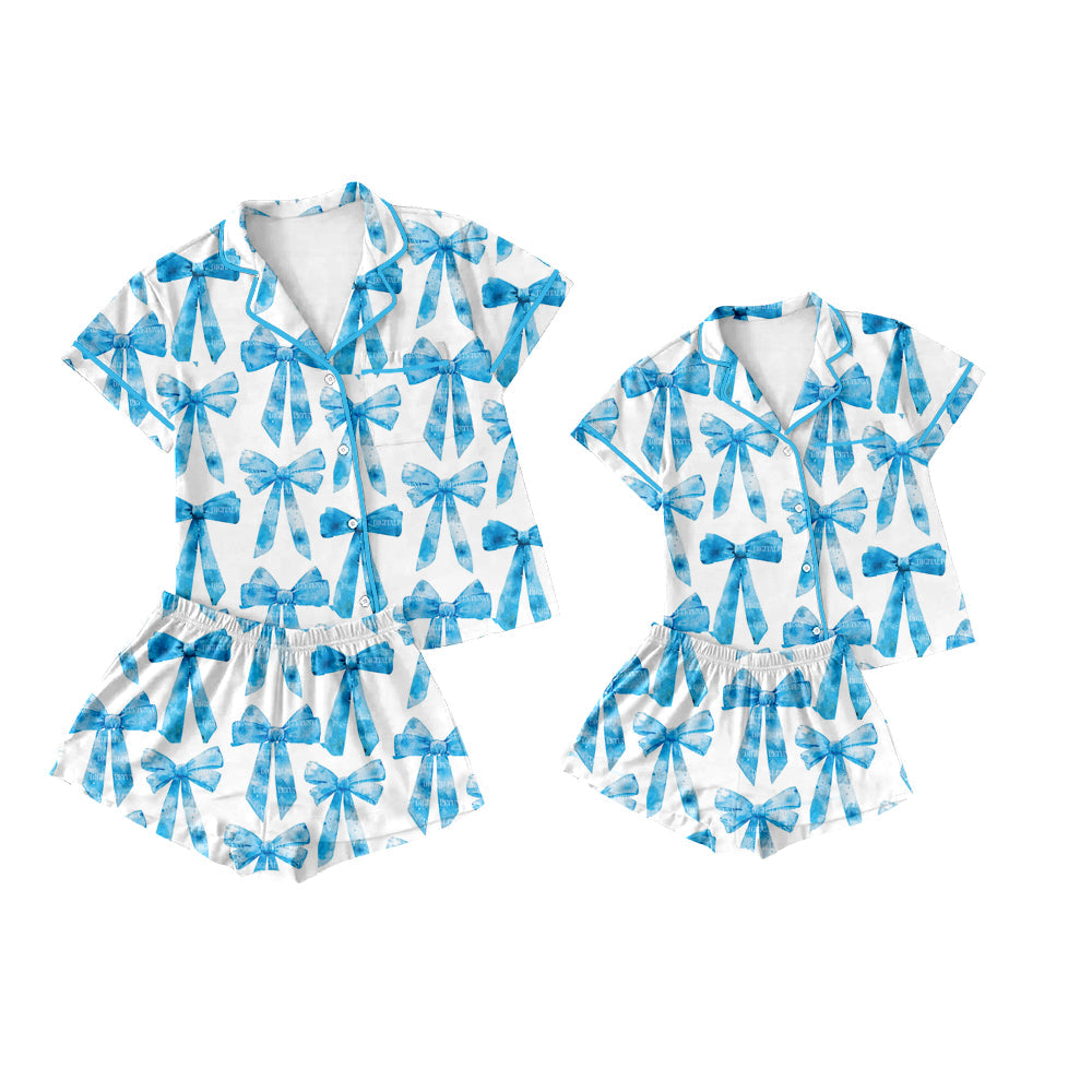 Baby Girl Adult Women Short Sleeves Blue Bows Sibling Pajamas Set ( Moq 5 Each Style ) 3.21