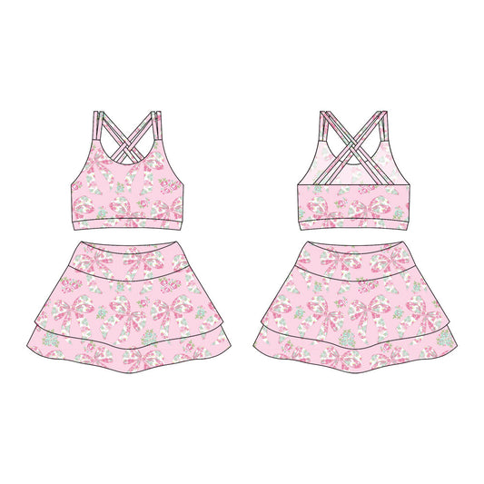 ( moq 10 ) Baby Girl Pink Straps Floral Bows Activity Wear Vests Tops Shorts Skirts Yoga Set