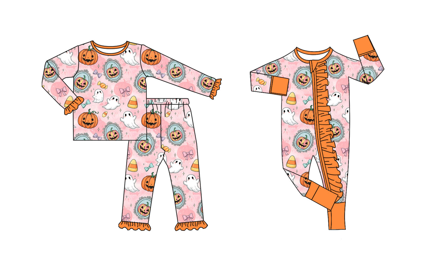 ( Moq 5 Each Style ) Baby Girl Toddler Pumpkins Ghosts Halloween Sibling Romper Set