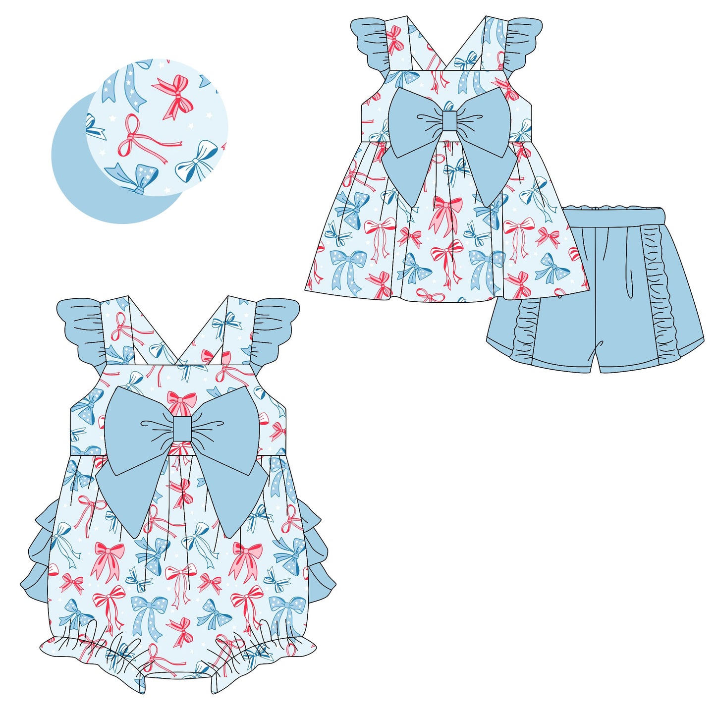 Baby Girl Red Blue Bows July 4th Sibling Romper Set ( Moq 5 Each Style ) 2.8