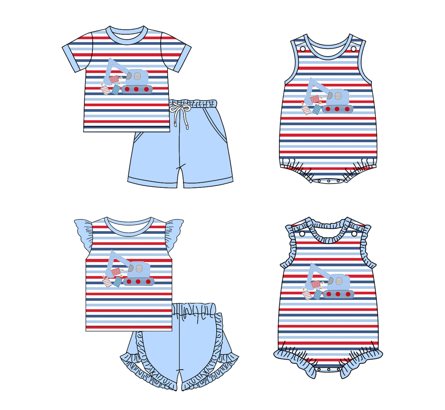 Baby Boy Girl Construction Stripes July 4th Sibling Dress Romper Set ( Moq 5 Each style )11.25
