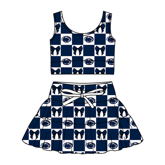 ( Moq 5 ) Baby Girls Toddler Leopard Bows Navy Checked Tops Shorts Skirt Team Set