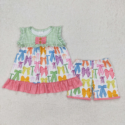 Baby Girl Sleeveless Colorful Bows Tunic Shorts Clothes Set RTS