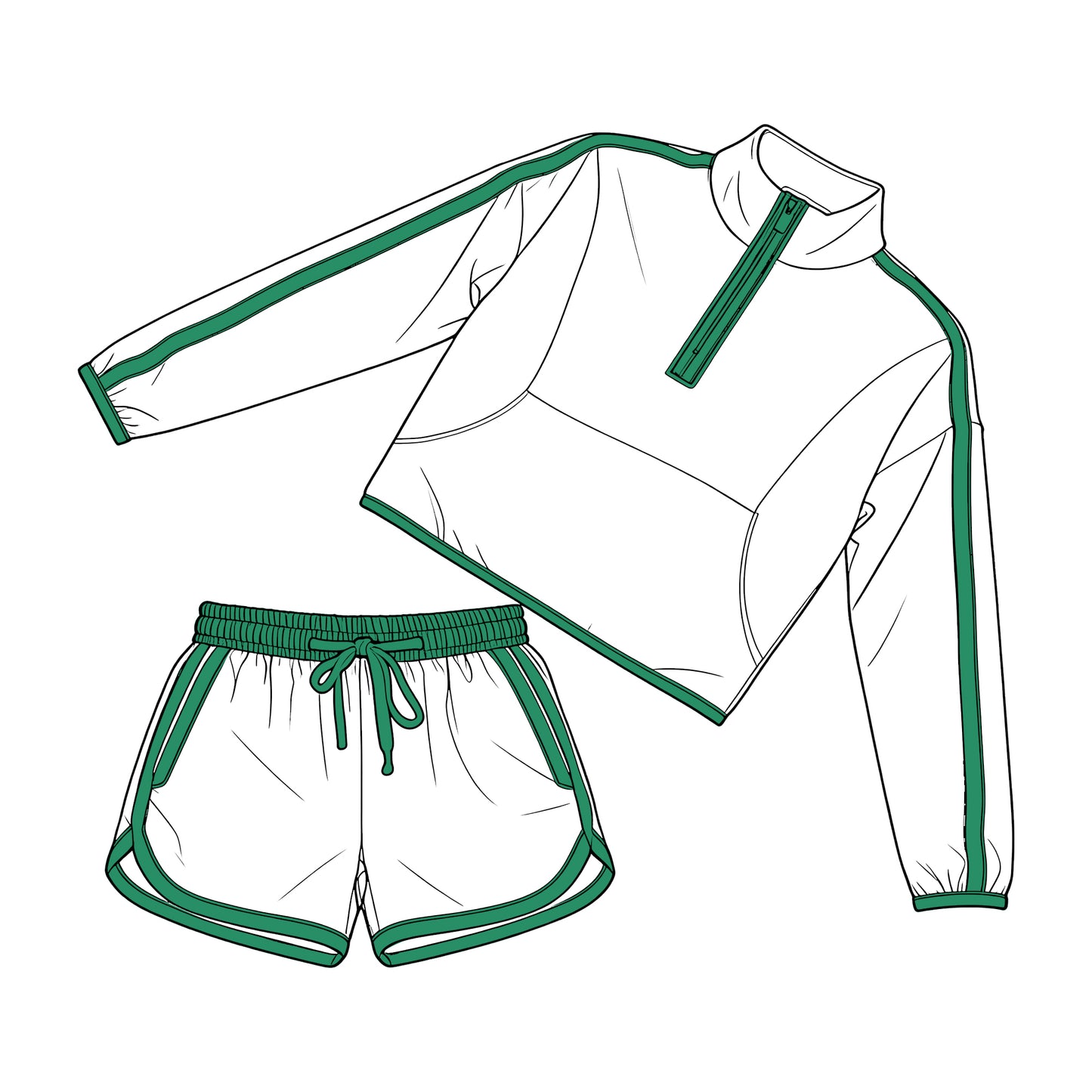 ( Moq 5 ) Preorder Adult Women Long Sleeves Green Zipper Tops Shorts White Set Clothes
