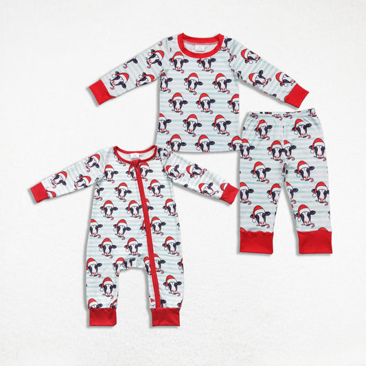 Sibling Baby Boys Long Sleeves Christmas Cow Stripes Zipper Romper Pajamas Outfit RTS