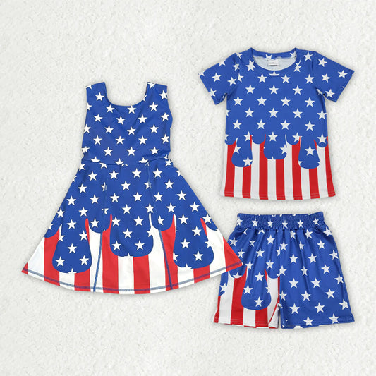 Sibling Boys Girls Stars Stripes 4th of July Sprinkles Drips Shirt Shorts Set Dress Clothes RTS