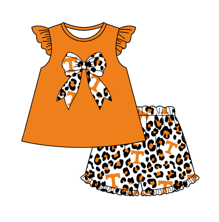 Baby Girl T Team Bow Tunic Leopard Shorts Clothes Set ( Moq 5 )