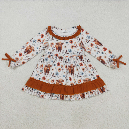 Baby Girl Long Sleeves Cow Flower Western Knee Length Ruffle Dress RTS