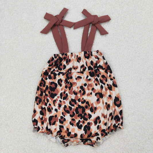 Baby Infant Girl Straps Brown Bows Leopard Bubble Romper RTS