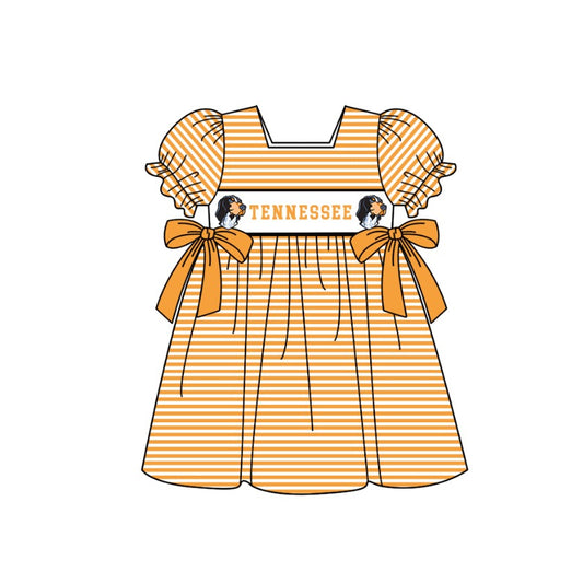 ( Moq 5 ) Baby Girls Toddler Short Sleeves Dogs Orange Stripes Purple Bows Knee Length Dress
