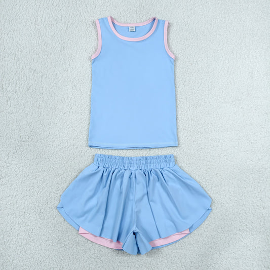 Baby Girls Kids Sleeveless Blue Tops Ruffle Shorts Set Yoga Active Clothes RTS