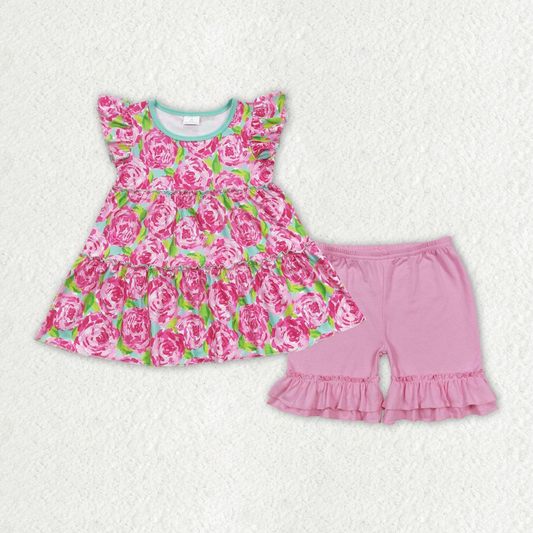 Baby Girl Short Sleeves Floral Tunic Light Pink Cotton Shorts Summer Set