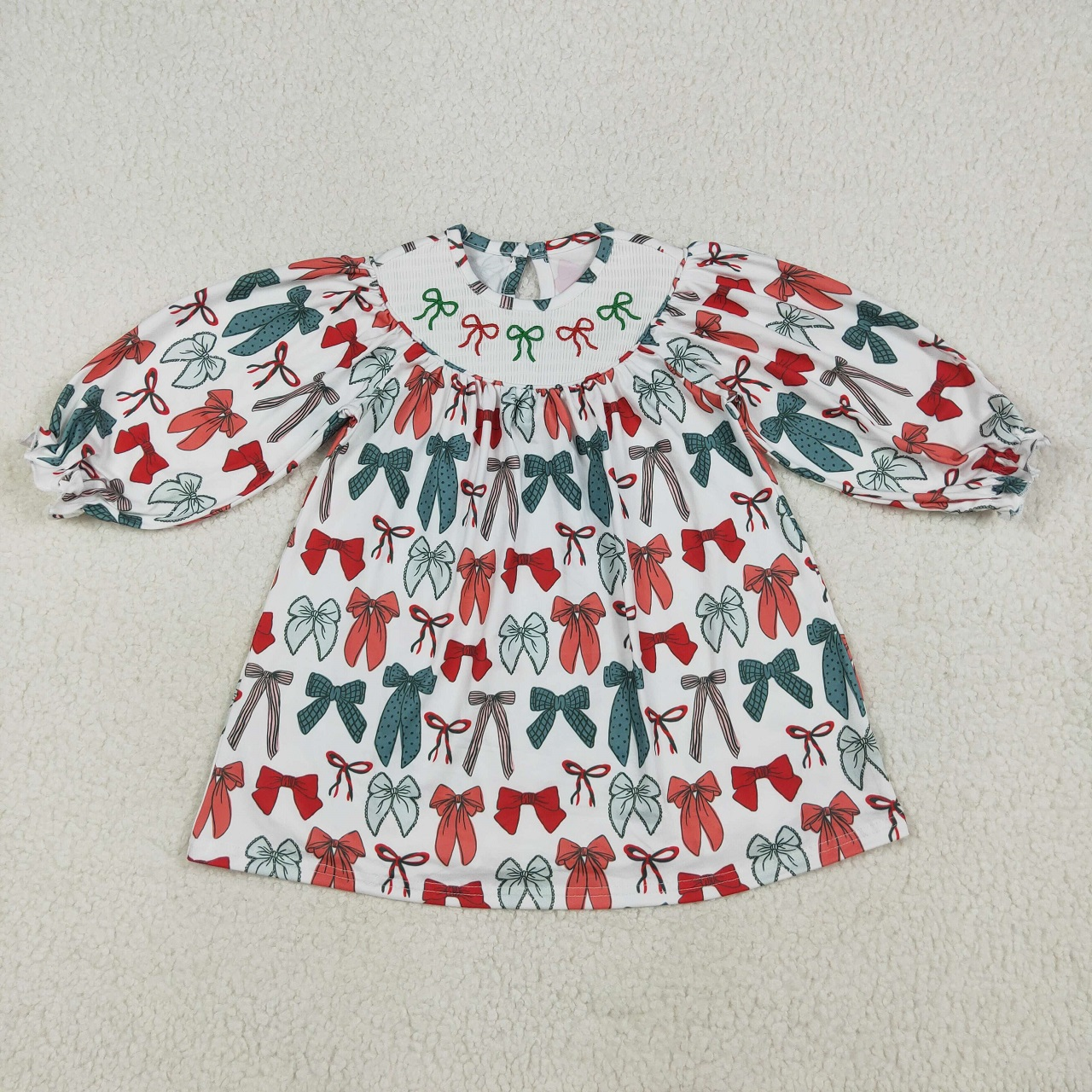 Sibling Baby Girls Green Red Bows Long Sleeves Christmas Knee Length Dresses