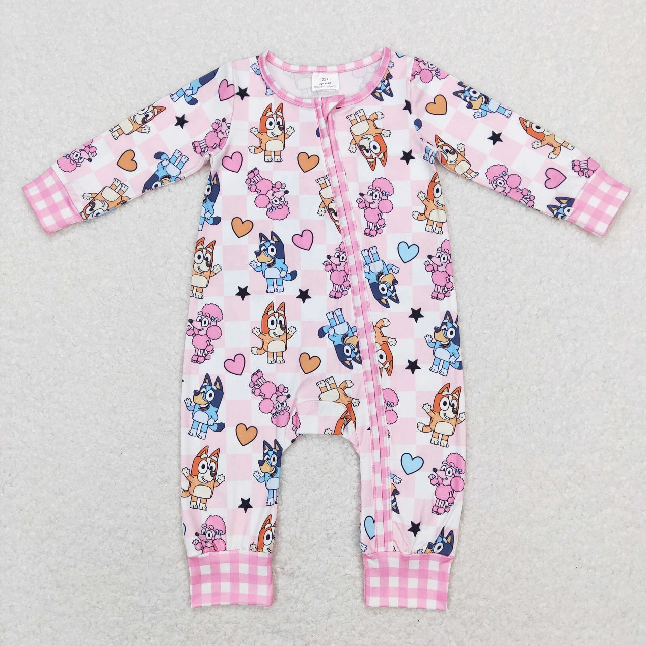 LR0870 Baby Girl Valentine's Day Dogs Checkered Romper