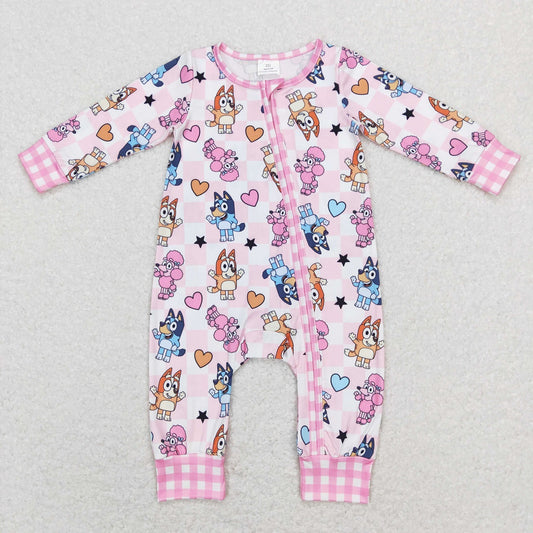 LR0870 Baby Girl Valentine's Day Dogs Checkered Romper
