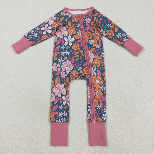 Baby Girl Infant Long Sleeves Flower Zipper Pajamas Romper RTS
