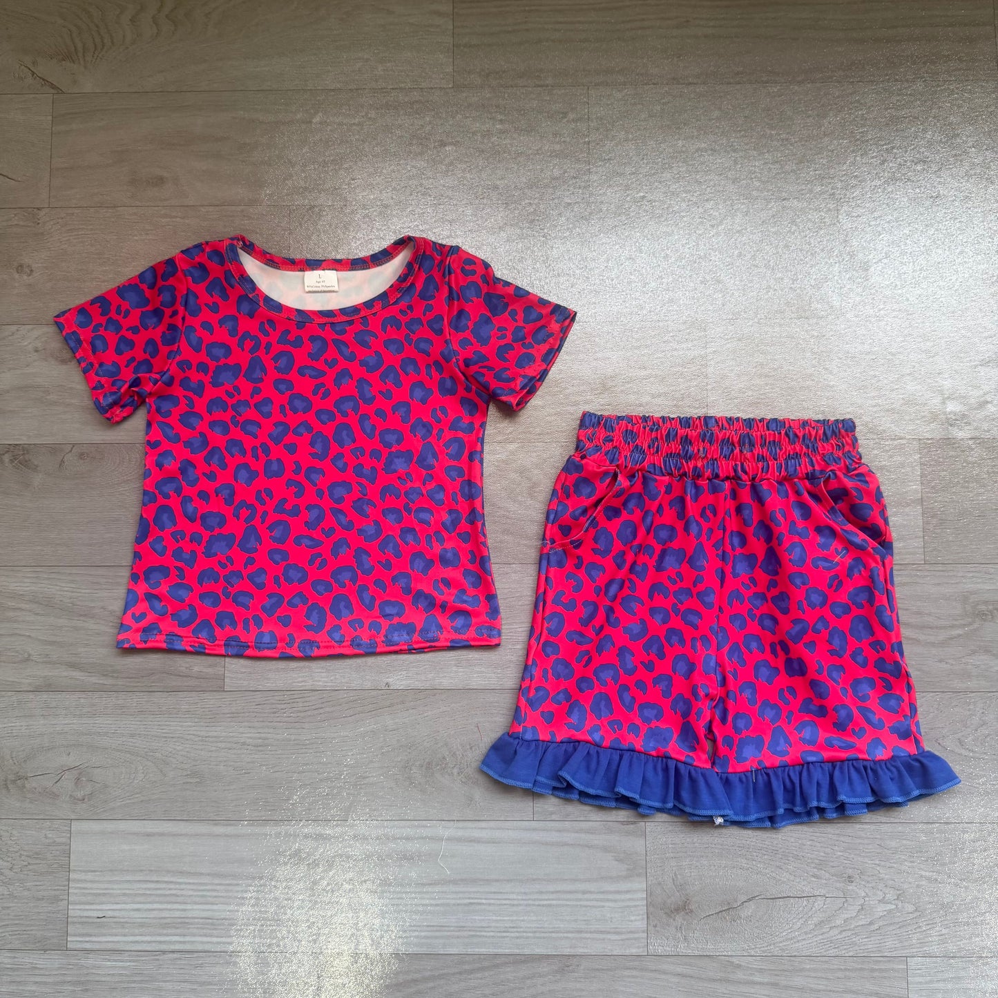 ( No moq ) Preorder Baby Girls Kids Short Sleeves Leopard Shirt Pockets Shorts Summer Set Clothes