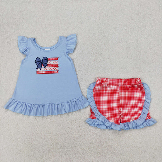 Baby Girl Short Sleeves Embroidery Flag Bows Tunic Red Plaid Ruffle Shorts Clothes Set RTS