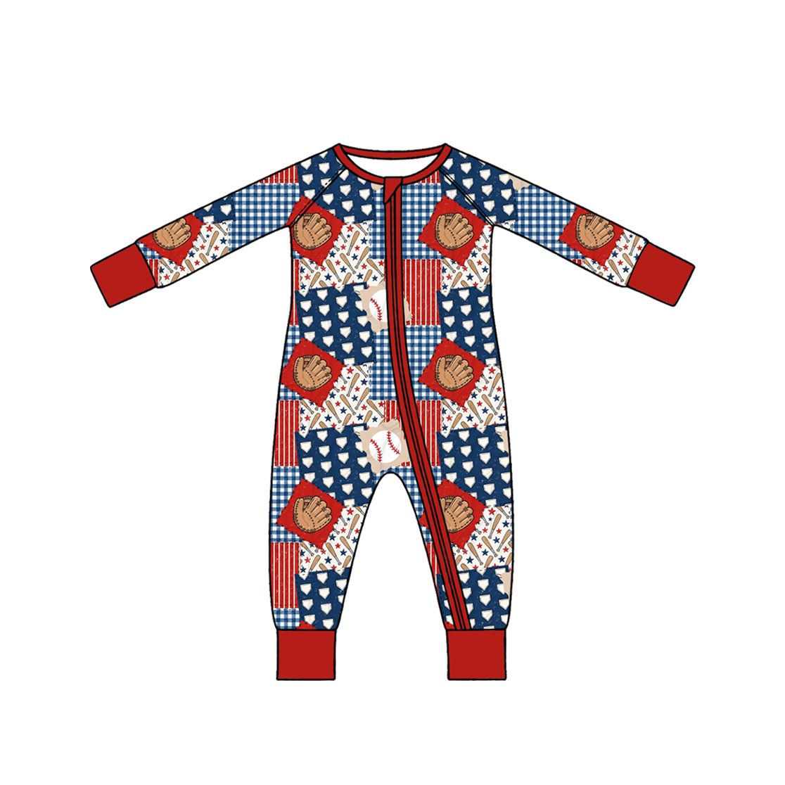 ( Moq 5 ) Preorder Baby Kids Infant Long Sleeves Baseball Plaid Zipper Footie Romper Clothes
