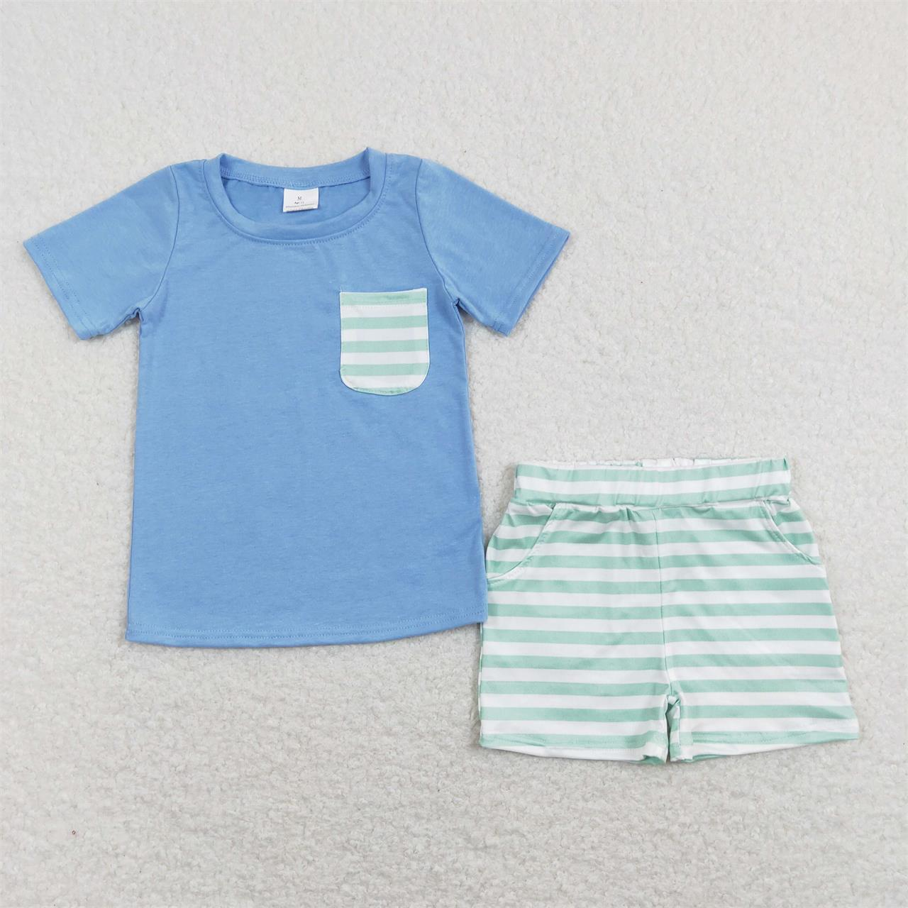 BSSO0366 Baby Boy Blue Short Sleeves Shirt Stripes Pocket Shorts Set