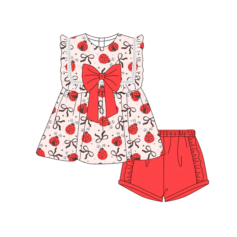 Baby Girl Sleeveless Bows Ladybird Tunic Ruffle Shorts Set ( Moq 5 )