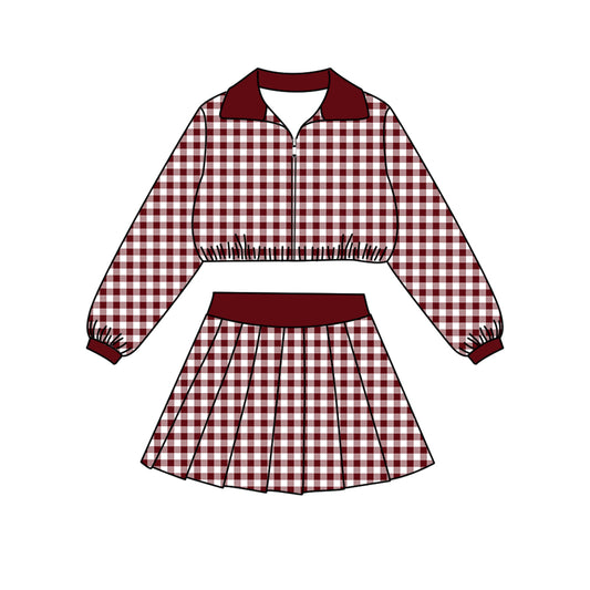 ( Moq 5 ) Baby Girls Kids Long Sleeves Black Plaid Zipper Tops Skirt Shorts Set Clothes