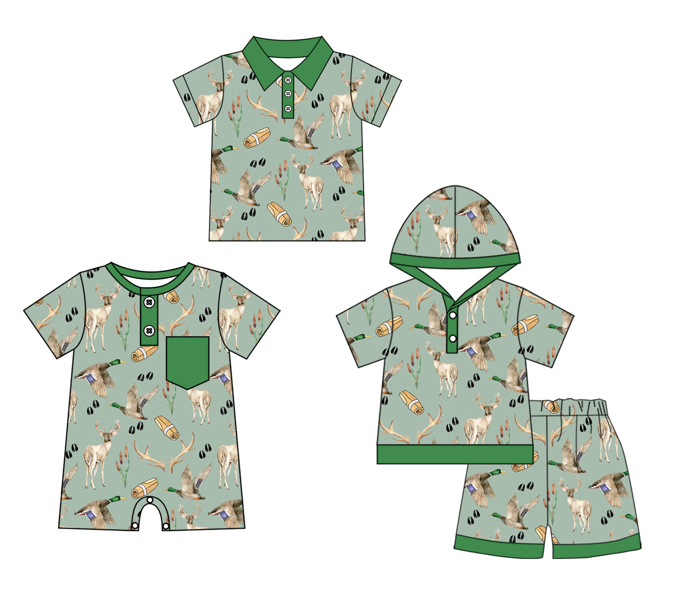 Baby Boy Short Sleeves Sibling Ducks Deer Hunting Romper Clothes Set ( Moq 5 Each Design )11.21
