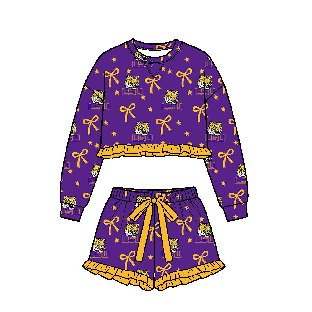 ( Moq 5 ) Custom Baby Girls Kids Long Sleeves Bows Shirt Shorts Team Set Purple Clothes