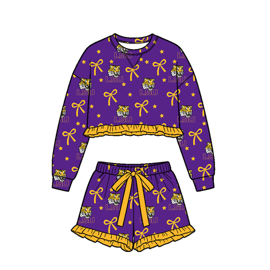 ( Moq 5 ) Custom Baby Girls Kids Long Sleeves Bows Shirt Shorts Team Set Purple Clothes