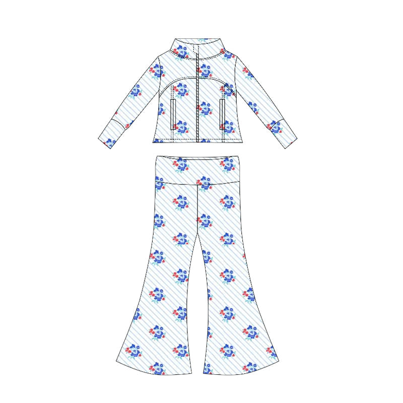 ( Moq 10 ) Baby Girl Long Sleeves Flower Pockets Zipper Tops Bell Bottom Pants Set