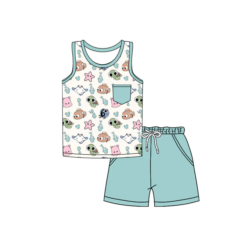 Baby Boy Sleeveless Pocket Cartoon Fishes Top Short Set ( Moq 5 )