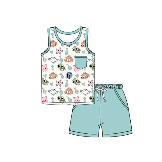 Baby Boy Sleeveless Pocket Cartoon Fishes Top Short Set ( Moq 5 )