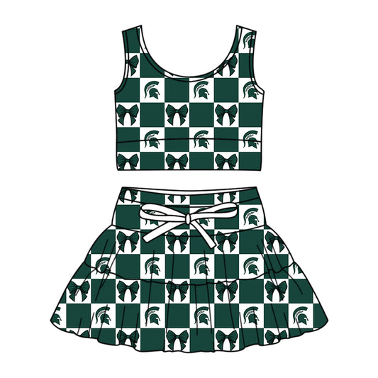 ( Moq 5 ) Baby Girls Toddler Bows Green Plaid Tops Shorts Skirt Team Set