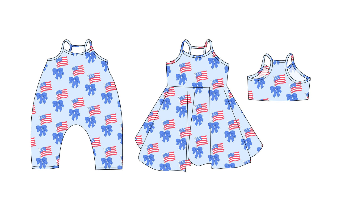 Baby Girl Straps July 4th Flags Bows Sibling Summer Romper Dress ( Moq 5 Each Style ) 3.19