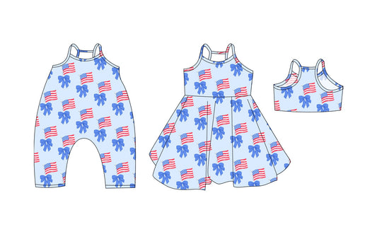 Baby Girl Straps July 4th Flags Bows Sibling Summer Romper Dress ( Moq 5 Each Style ) 3.19