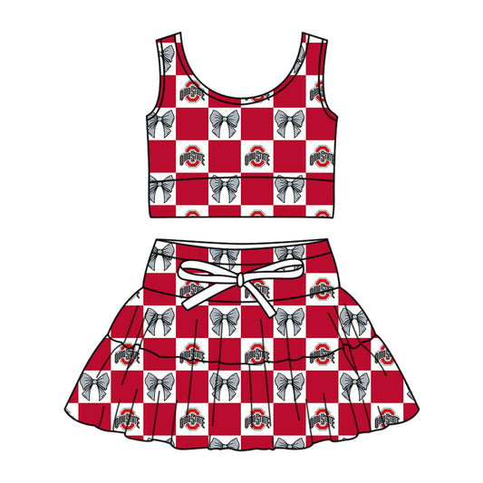 ( Moq 5 ) Baby Girls Toddler Bows Red Checked Tops Shorts Skirt Team Set