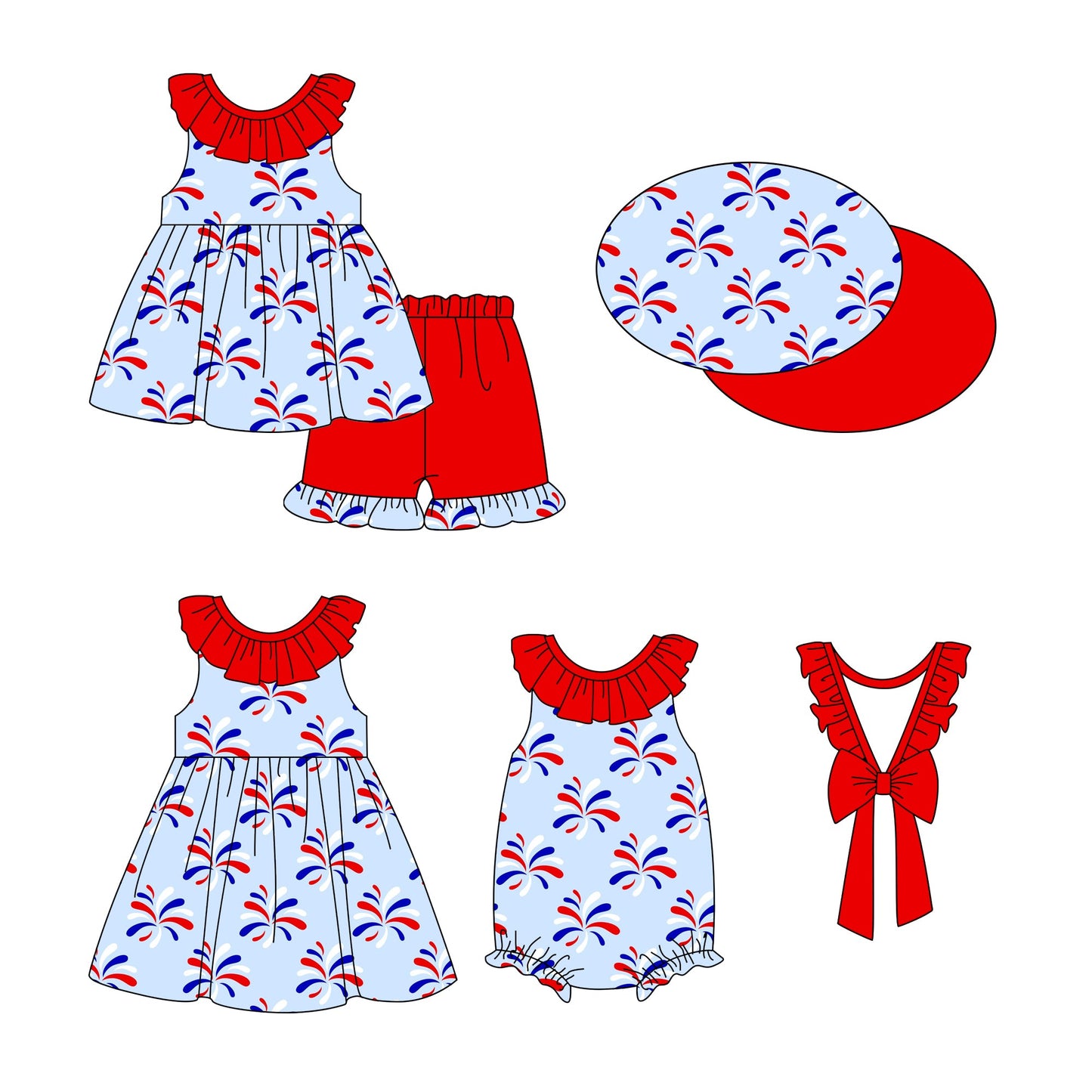 Baby Girl July 4th Fireworks Sibling Romper Dress Set ( Moq 5 Each Style ) 12.28