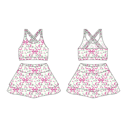 ( moq 10 ) Baby Girl Straps Pink Flower Bows Activity Wear Vests Tops Shorts Skirts Yoga Set