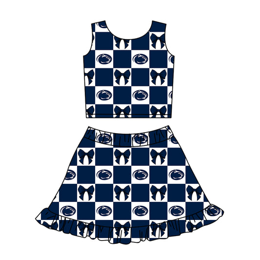 ( Moq 5 ) Baby Girls Kids Toddler Leopard Bows Navy Checked Tops Shorts Ruffle Skirt Team Set