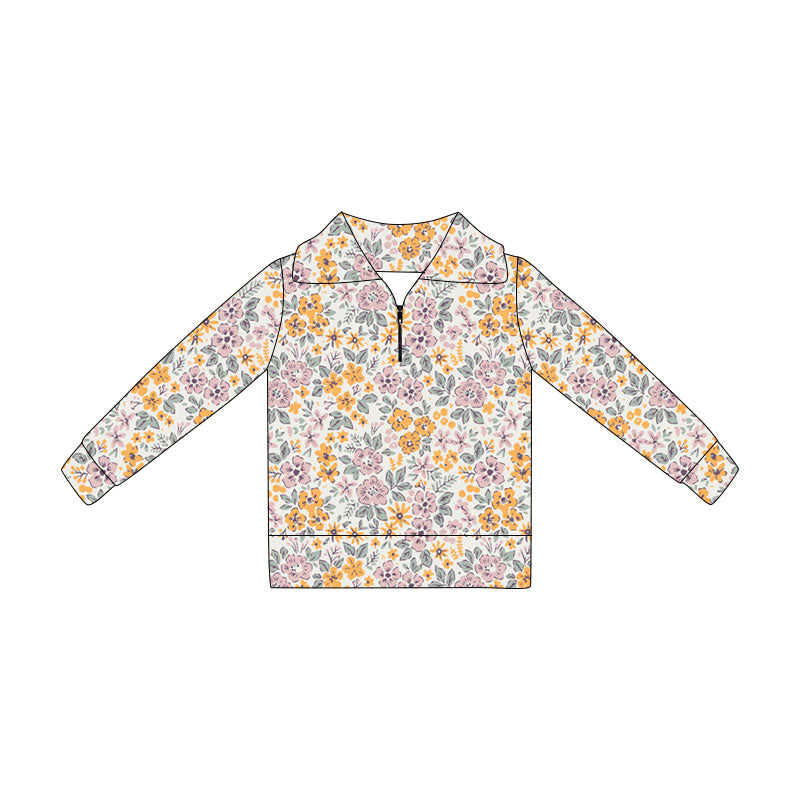 ( Moq 5 ) Preorder Baby Girls Kids Flower Long Sleeves Zipper Pullover Shirt