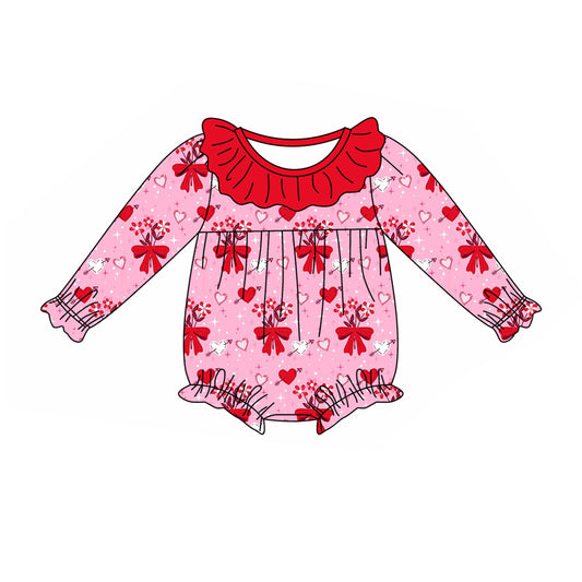 Baby Girl Infant Long Sleeves Valentine Hearts Bows Floral Bubble Romper