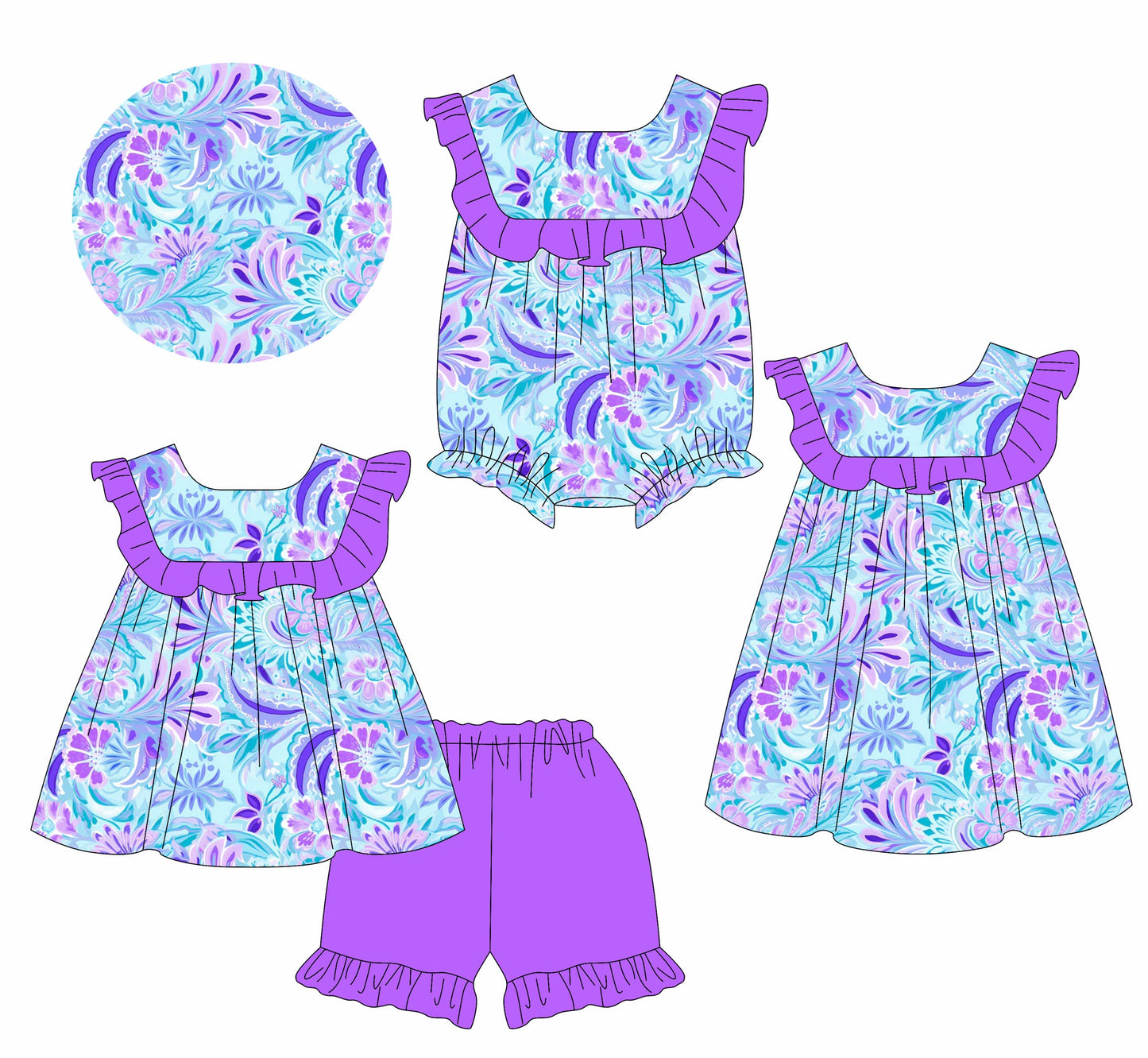 Baby Girl Purple Flower Sibling Romper Dress Set ( Moq 5 Each Style ) 1.13