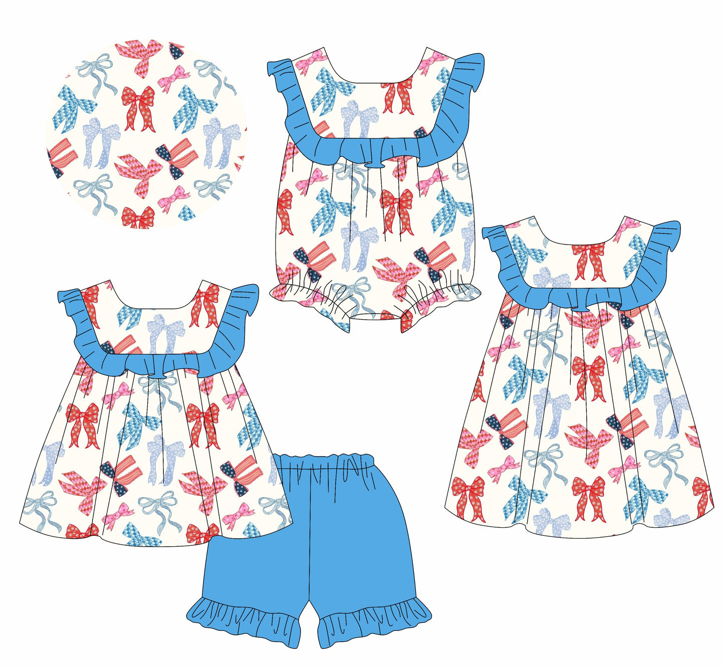 Baby Girl Bows Blue Ruffle Sibling Romper Dress Set ( Moq 5 Each Style ) 3.3